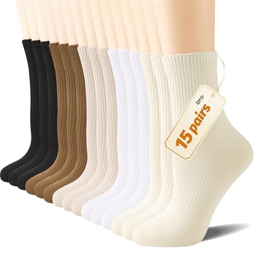 LITERRA 15 Pairs Women's Crew Casual Socks - Comfort Cute Girls Fashion Size 5-10 Everyday Basic Socks Bulk Pack
