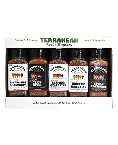 Terranean Herbs & Spices Mediterranean Spice Blend Gift Set, 5 Pack Of Shaker Spices Includes Mediterranean Seasoning, Cajun Spice, Seafood Seasoning, Chicken Seasoning, Steak Seasoning #TOP2