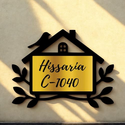 Image of Zesta Customized Name Plate for Home Entrance Outdoor | Acrylic Door Name Plate for House | Modern Personalised Name Board for Home Entrance | Waterproof House Name Plate Wall Decor(Golden, Hut)