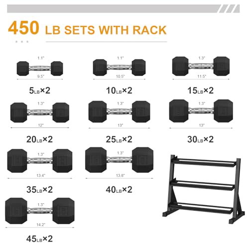 Premium Rubber Coated Hex Dumbbell Weight Set with Rack, Multiple Packages,210LB/350LB/450LB/550LB Set for Home Gym, Hand Weights for Muscle Toning, Strength Building & Full Body Workout