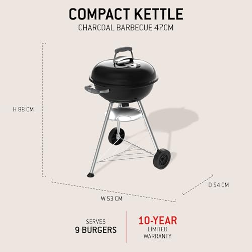 Weber Compact Kettle Holzkohlegrill (2026 Version) / Dreibein-Ständer und Räder, Hitzebeständiges, rostfreies Design, Verchromter dreilagiger Rost, 47 cm, Schwarz