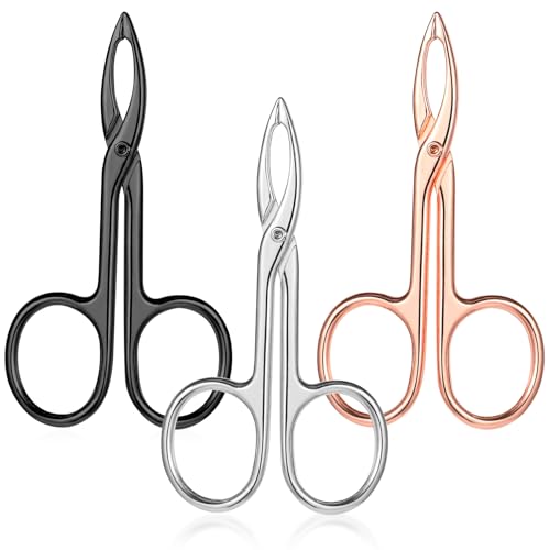 Dimeho 3 Pcs Tweezers Scissor with Easy Scissor Handle, Straight Tip Eyebrows Tweezers for Women Scissor Shaped Hair Plucker Remover for Facial Hair Eyebrows Care Wig Plucking (Silver/Black/Rose Gold)