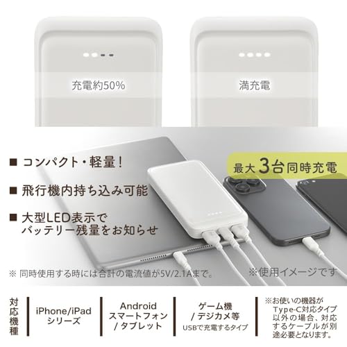 オーム(OHM) SmartComm モバイルバッテリー 小型 iphone タイプc/TypeA [PSE認証済み] コンパクト 10000mAh ホイップクリーム｜オーム電機 SMP-MB100-W 05-0804