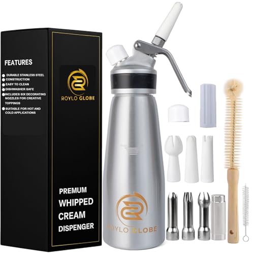 Comparison: Best Whipped Cream Dispensers 8 Professional Whipped Cream Dispenser - 500 ml Whipped Cream Maker With Silicone Grip - Heavy Duty Homemade Whipped Cream Dispenser - Whip Cream Canister With 6 Decorating Tips & 2 Cleaning Brushes