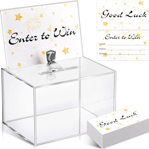 Beeveer 1 Pcs 6.3 x 4.4 x 4 Inch Acrylic Raffle Box with Lock 200 Pcs Raffle Tickets Cards Ticket Box with Sign Holder Suggestion Storage with Slot Clear Donation Collection for Vote