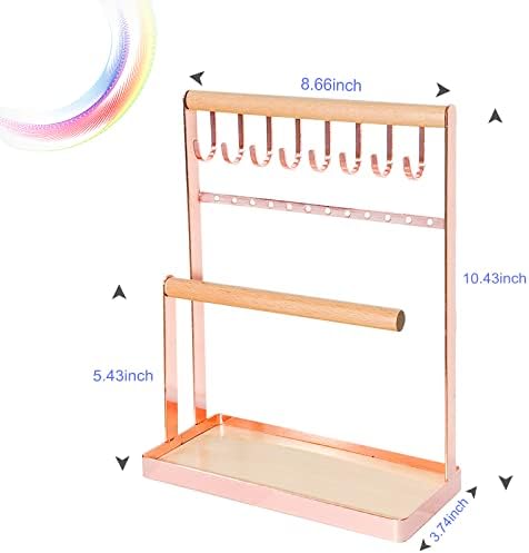 Echehi Rose Gold Jewellery Organiser 4-Tier Jewellery Stand Tree, with Necklace Stand, Earring Holder, Wooden Ring Tray & Hooks Storage, Home Decor Gift For Girls & Women