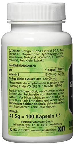 Ginkgo Biloba Kapseln hochdosiert 6000 mg vegan Gingko Biloba Extrakt 50:1, 100 Kapseln für 100 Tage Dauerversorgung, Nahrungsergänzung ohne Zusätze, Made in Germany