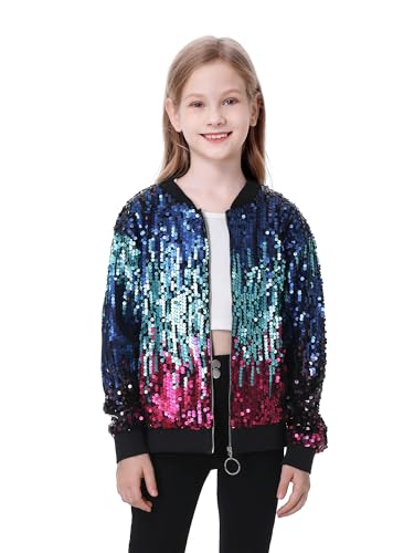 TIMSOPHIA Girls Sequin Jacket, Sparkle Bomber Jacket Glitter Kids 1989 Sparkly Blazer Costume for Concert Party Club(Blue&Pink,6-7 Years)