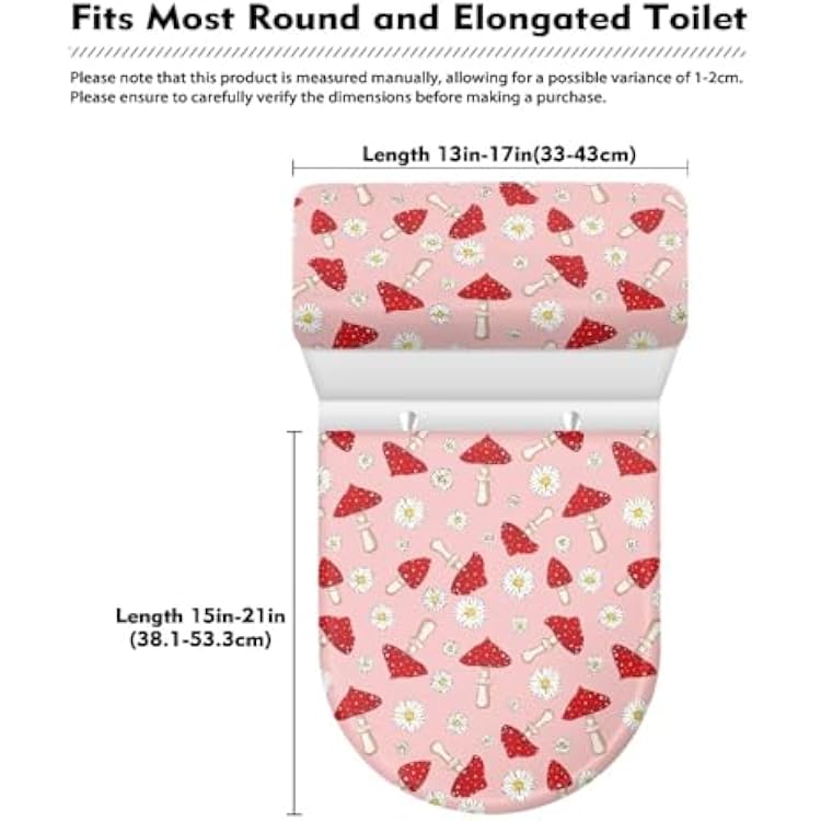 Mushroom 2-Piece Set Bathroom Soft Toilet Lid Cover Set with Elastic Bottom, Scratches-Proof Fabric Dust Cover Fits Most Size Toilet Lid and Toilet Tank, Christmas Decor