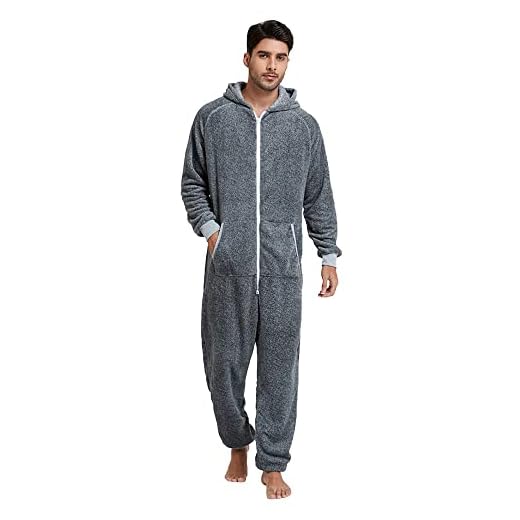 LUCKYMOONPJ Adult Onesie Pajamas for Men, Warm Plush Winter Hoodie Jumpsuit One Piece Nightwear Sleepwear Homewear (Gray XXL)