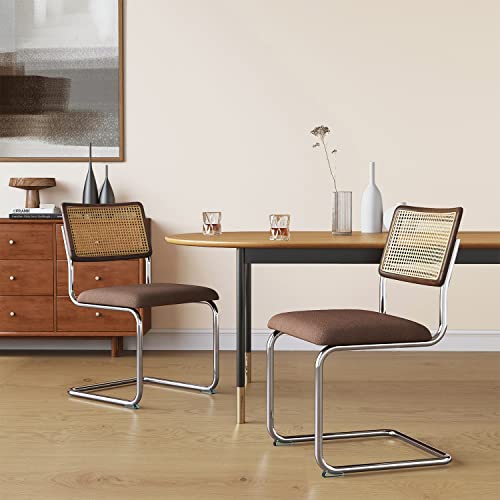 Grandnoor Rattan Dining Chairs,Wooden Mid-Century Modern Kitchen Chairs, Armless Mesh Back Cane Chairs, Upholstered Boucle Chairs With Metal Chrome Legs, Set Of 2 (Brown) #TOP1