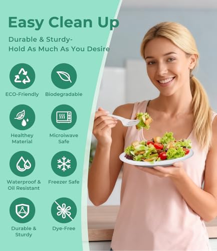 Cexovo 150 Stück Abbaubare Geschirr Set Einweggeschirr Einwegteller Set Hergestellt aus Zuckerrohr Bagasse Faser, mit Gabeln Messer Löffel Teller Becher, 25 Gäste für Grillfest, Camping, Picknick