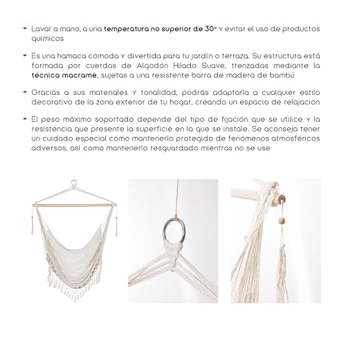 TIENDA EURASIA – Silla Colgante de Jardín | Material Tejido de Cuerda de Algodón Hilado Suave y Barra de Madera de Bambú | Color Blanco Roto | Asiento Ancho de Encaje | 100x180 cm - imagen 3