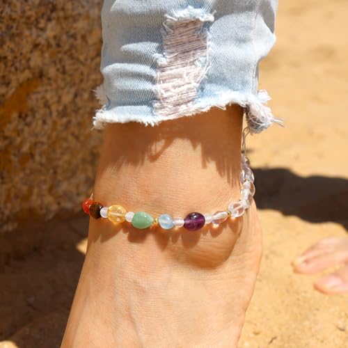 Image of 7 Chakra Crystals and Stones Anklet Irregular Tumbled Gems Beaded Ankle Bracelets for Women Spiritual Energy Meditation Yoga Healing Jewelry Mom's Gifts