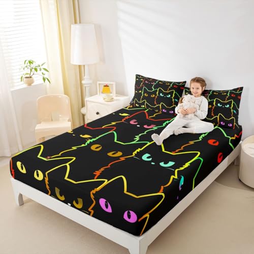 Erosebridal Cat Full Bed Sheets - Gradient Line Cute Cat Fitted Sheet for Teens, Kids, Boys, Adults - Cute Animal Bedding Set - 2 Pillow Cases - Black