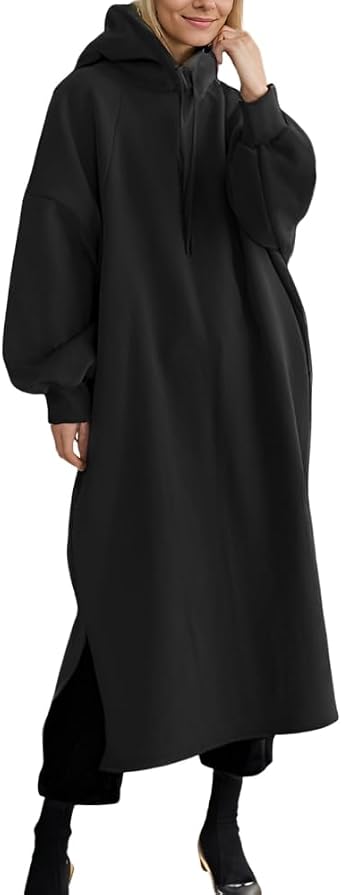 Womens Oversized Lantern Long Sleeve Pullover Hoodie Plus Size Split Hem Hooded Sweatshirt Maxi Dress with 2 Pockets