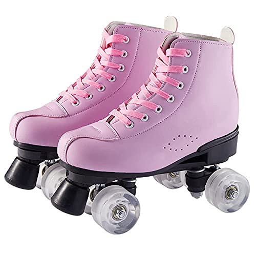 Classic Quad Roller Skates for Women and Men, High-Top PU Leather Double Row 4 Wheels Roller Skates for Indoor Outdoor Unisex Beginners Adult Teens Kids (Pink,US Women8.5/Men7)
