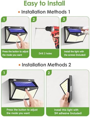 Lampy solarne na zewnątrz, 208 diod LED + 3 tryby, wodoszczelność IP65, solarne światła bezpieczeństwa, czujnik ruchu, szerszy kąt 280° + współczynnik konwersji energii 21% solarne lampy ogrodzeniowe,