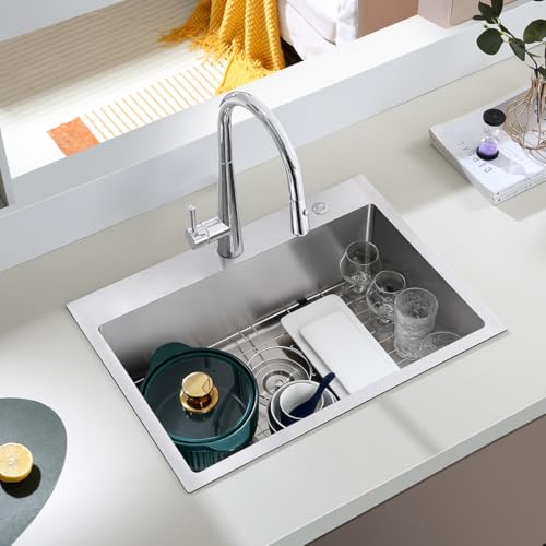 TSIBOMU Brushed 25 Inch Drop in Kitchen Sink, 18 Gauge Stainless Steel Single Bowl Kitchen Sink with 2 Faucet Holes, 9'' Deep Sink Bowl with Grid, D25 x W18 x H9 by TSIBOMU - Image 2