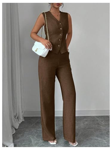 SOLY HUX Women's 2 Piece Outfits V Neck Button Down Vest Tops and High Waisted Pants Set Office Work Suit4