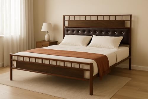 Image of Orvo Metal King Size Bed Without Storage | Wrought Iron Double Bed with Headboard & Footboard | Sturdy Powder Coated Platform Bed King Size Cot for Bedroom LivingRoom Brown (75x72)