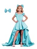 dideyttawl Sky Blue Prom Dresses for Teens 9-10 Girls Wedding Guest Bridesmaid Dress High Low Long Train Pleated Satin Flower Girls Special Occasion Gowns with Bow Size 10