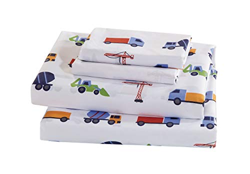 Luxury Home Collection Kids 3 Piece Twin Sheet Set Construction Vehicles Trucks Cement Blue Red White Green Yellow (Twin Sheet)