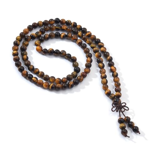 108 Mala Prayer Beads Bracelet 6mm Genuine Gemstone Healing Crystal Stone Beaded Bracelet Buddhist Tibetan Handmade Knotted Elastic Necklace for Yoga Meditation Unisex Women Men - Yellow Tiger Eye