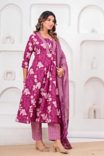 Image of KANCHAN TRADERS Women's Cotton Round Neck 3 /4 Sleeve Chikankari Embroidered Printed Kurta Palazzo with Dupatta Set