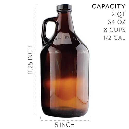 Cornucopia Brands Amber Glass Growler Jugs 64-Ounce/Half Gallon (2-Pack) W/Black Phenolic Lids, Great For Kombucha, Home Brew, Distilled Water, Cider & More #TOP2