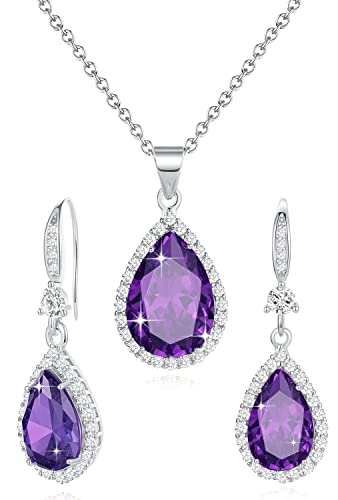 Women Jewelry Set Silver/Gold Plated Teardrop Pendant Necklace Dangle Drop Earrings Dangling Sets Birthstone Crystals Rhinestone,Birthday Anniversary Wedding Mother’s Day Gifts for Women