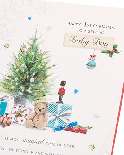 Baby Boy First Christmas Card with Envelope - Lovely, Cute, Design with Christmas Tree, Presents and Soldiers