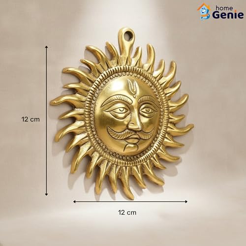 HOME GENIE "Brass Surya Wall Hanging | Sun God Wall Decor for Home & Office | Positive Energy & Vastu Correction, 12 cm