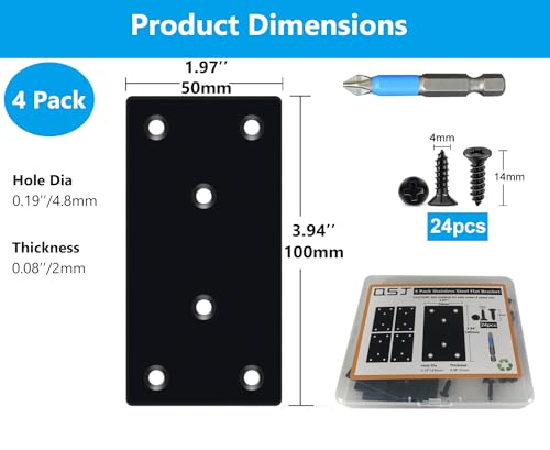 QSJ 4 Pack Black Flat Mending Plate,Six-Hole Metal Bracket, Straight Steel Brace 3.94 x 1.97'', Fixing Joining Plate for Wood with 24PCS Screws, 1x Screwdriver.