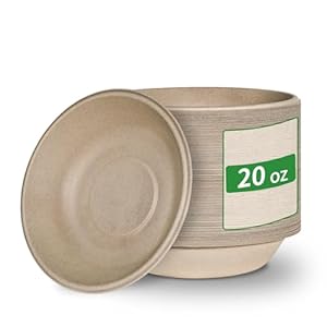 Aricsen Compostable 20 Ounce 300 Pack Disposable Round Paper Bowls, PFAS-Free, Eco-Friendly, Biodegradable Bagasse For Hot Soup Food Kitchen Dinner Party, Unbleached Natural Light Brown (300, 20 OZ)