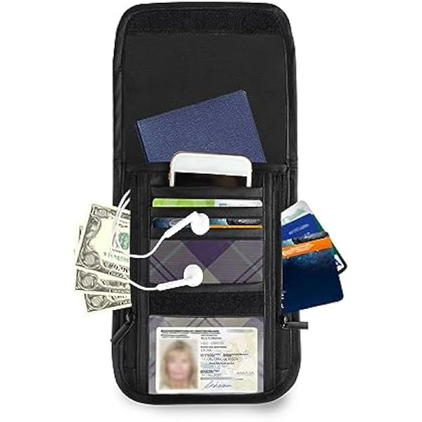 JUNZAN Синяя шотландская клетка шеи кошельки для женщин мужчин RFID блокировки 19 см х 15 см регулируемый ремень клетка, синий тартан, 7,5