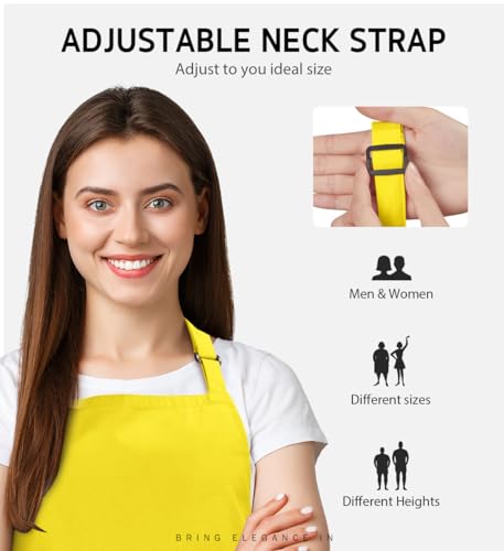 Syntus 2 Pack Adjustable Bib Apron Waterdrop Resistant with 2 Pockets Cooking Kitchen Aprons for Women Men Chef, Yellow - Thumbnail 5