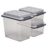 Curver Set of 3 Latch PRO Heavy Duty, Water Resistant Plastic Organization and Storage Box with Extra Capacity Latching Lid, Transparent Grey