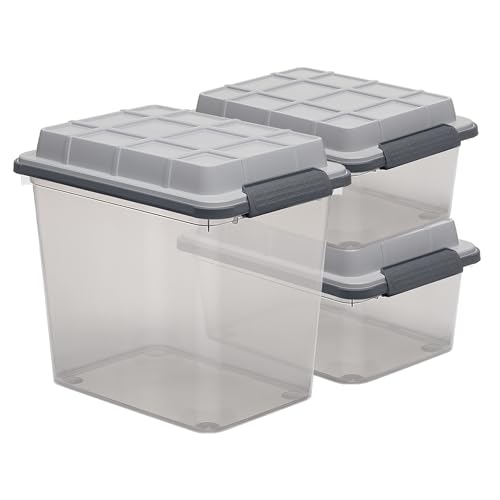 CURVER Latch PRO - Juego de 3 cajas de almacenamiento y organización de plástico resistentes al agua con tapa de cierre de capacidad adicional, color gris transparente