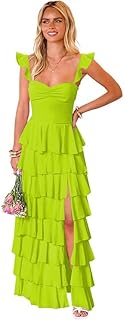 Ruffle Straps Bridesmaid Dresses for Wedding Sweetheart Long Tiered Prom Dress with Slit