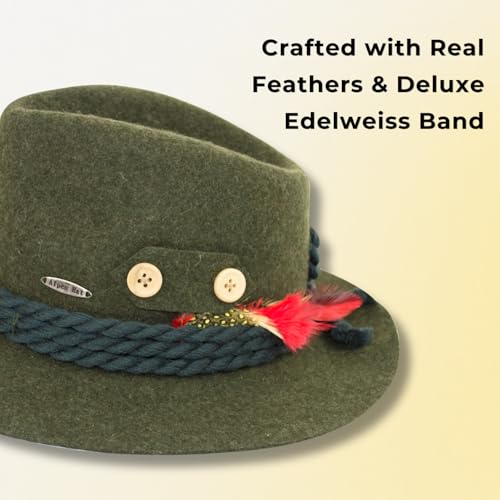 Image of German Hat | 100% Wool Hats for Men & Women - Bavarian Tirol Alps Wool Hat with Feather & Sweat Band | Fedora