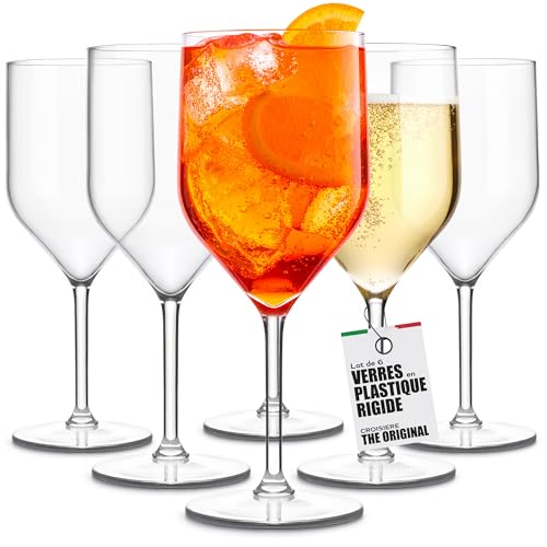 TUNDRA - Lot de 6 Verres a Pied CROISIERE 25 cl en PLASTIQUE RIGIDE SAN, Réutilisables, Verres à Vin Incassables, BPA-Free et Lavables au Lave Vaisselle, Verre à Champagne, à Vin, (Transparent)