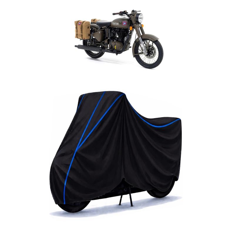 Image of Classic 500 Pegasus Edition Bike Cover Water Resistant Universal Motorcycle Rain | Heavy Duty UV Protection, Dust, Scratch Indoor Outdoor All Weather with Black Blue Piping Elastic