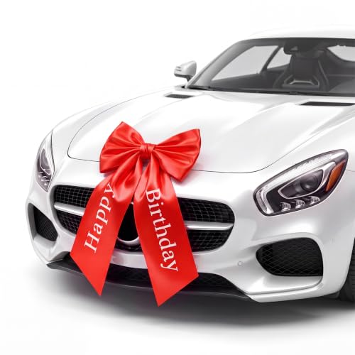 Rivvlive Large Car Bow Happy Birthday Big Bow for Gift 24 x 12 Inch, Red | Big Car Bow for Women Birthday Party Gift, Satin, Christmas Wedding Ballerina Room Hanging Wall Decor, Coquette Ribbon Tie