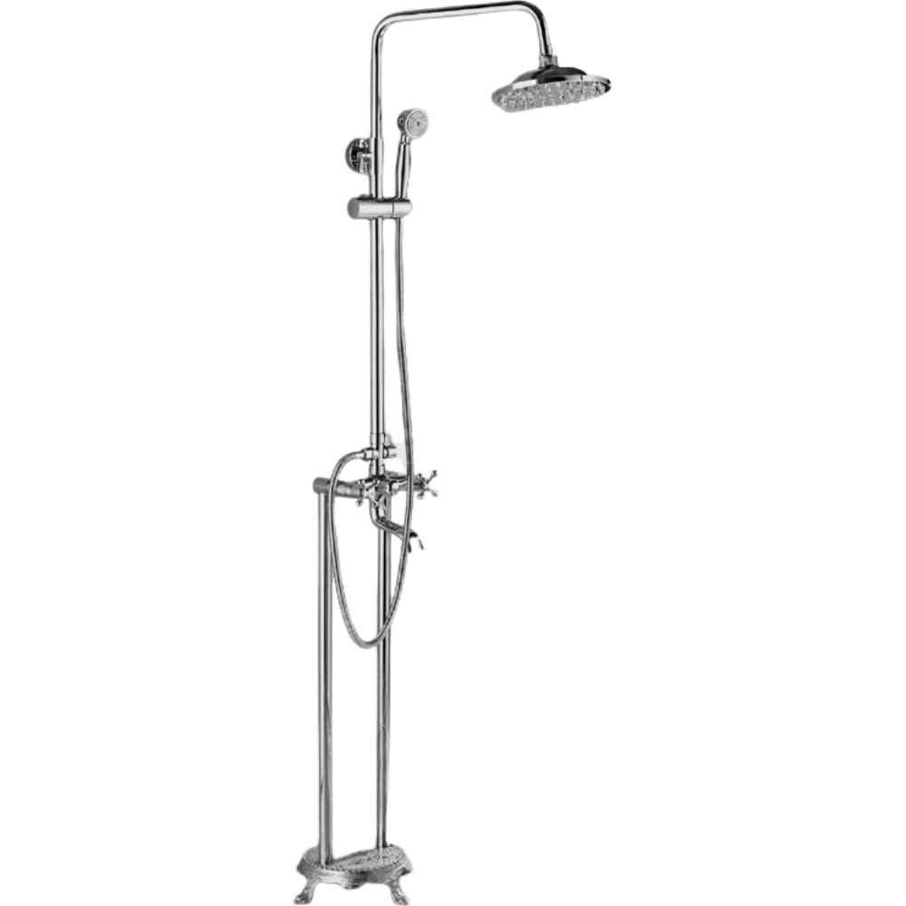 Robinet de baignoire au sol nickel avec colonne de douche effet pluie 8"