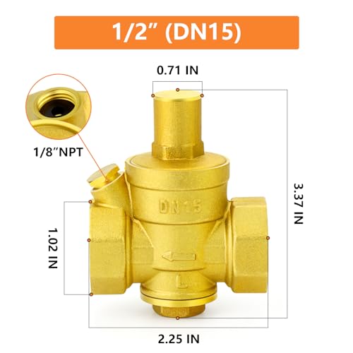 GASHER Brass 1/2\" Pressure Regulator Adjustable,Water Pressure Reducer Kit, Pressure Relief Valve For RV Camper Travel,Water Heater,Solar And Home - Thumbnail 2