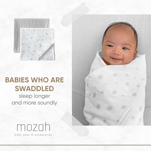MOZAH Organic Muslin Swaddle Blankets - 100% Soft Organic Cotton - Baby Girl Blanket and Baby Boy Blanket - Ideal Baby Registry Items Unisex Essentials - Baby Swaddles (Grey & Stars)