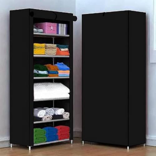 Image of YouCopia Foldable Fabric Wardrobe Closet with Shelves & Zipper Cover - Portable Storage Organizer Cabinet for Clothes, for Bedroom & Home Storage (Black, 6 Tier)