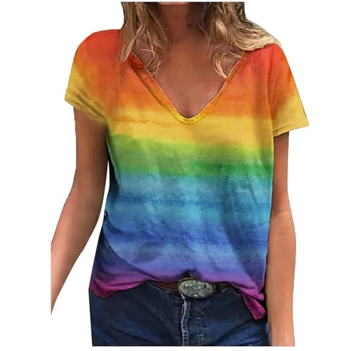 Blusa de manga corta para mujer LGBTQ Neon Camisole Pride Orgullo Mes Colorido Arco Iris Camiseta de Colores Arco Iris Cuello en V Camiseta Overhirt Cómoda Camisas Ligeras Camisas Tiempo Libre