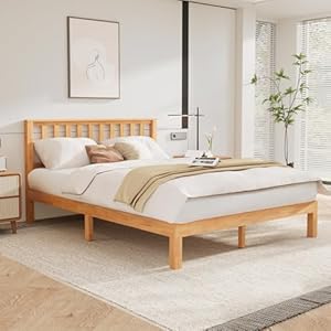 DELAVIN Queen Bed Frame with Headboard, Wood Platform Bed Frame, Farmhouse Style Bed Frame Queen Size with Slats Support, Malaysian Oak, No Box Spring Needed, Easy Assembly, Rustic Pine